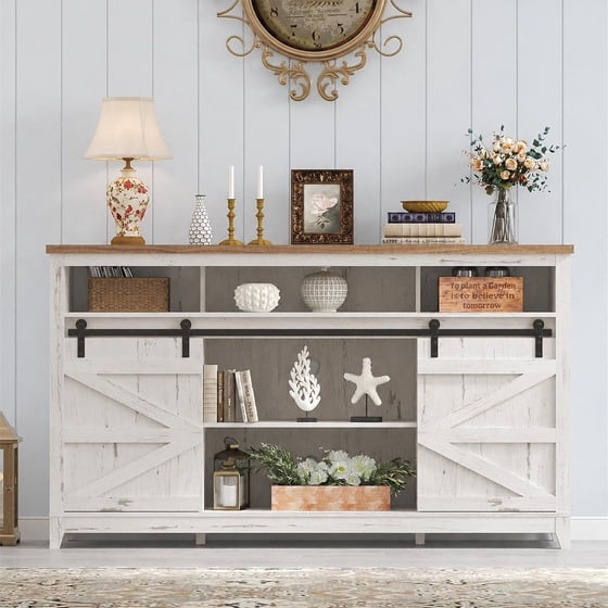 Norcho Farmhouse TV Stand for TVs up to 65", Entertainment Center with Sliding Barn Doors, Adjustable Shelves and Open Storage, TV Console for Living Room, Bedroom