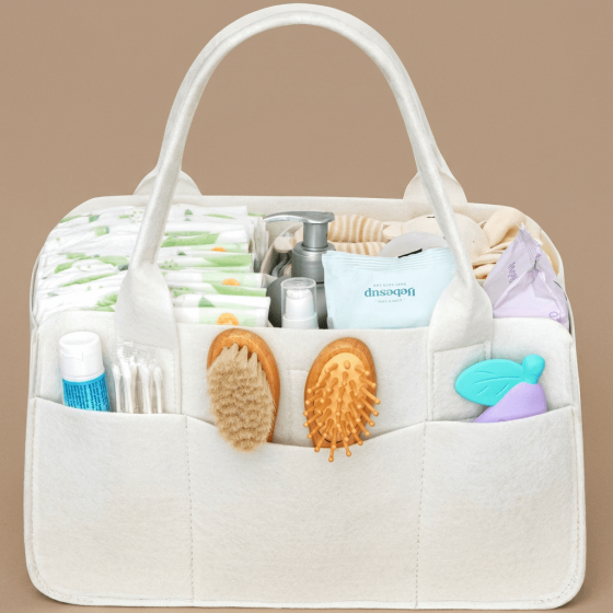 Norcho Felt Diaper Caddy with Handle, Portable Baby Storage Basket Detachable Divider Beige 13x9.1x7.1"