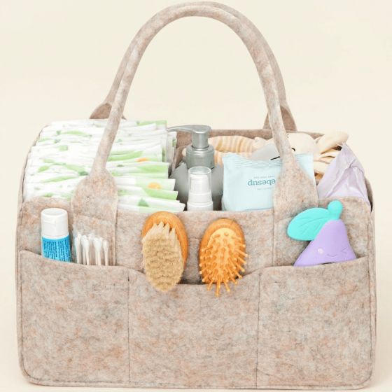 Norcho Felt Diaper Caddy with Handle, Portable Baby Storage Basket Detachable Divider Oatmeal 13x9.1x7.1"