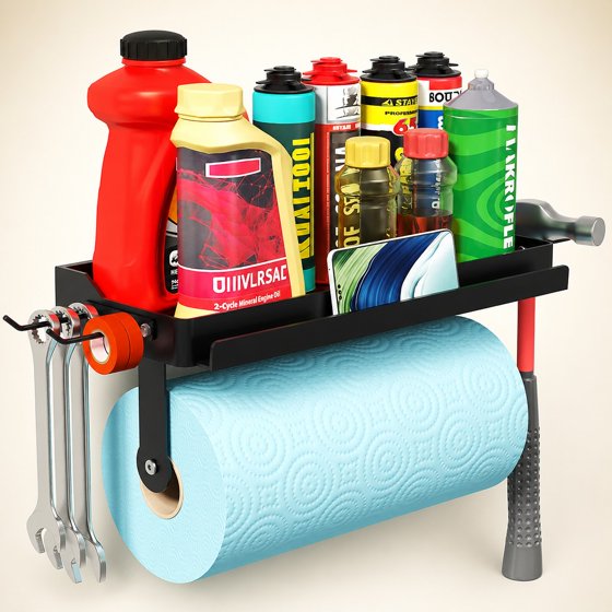 Norcho Garage Paper Towel Holder with Shelf, Wall Mount Shop Towel Holder Rack with 4 Hooks and Phone Stand, Adhesive or Screw Mount for Clean Station, Craft Room, Workshop