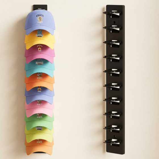 Norcho Hat Organizer Baseball Caps, Holds 10, Wall Mount Over Door Rack Dual Install Nails Adhesive, Black 1-Pack