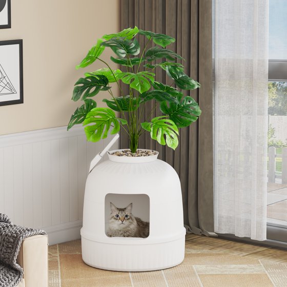 Cat Litter Box with Lid, Corner Cat Litter Box Enclosure, Hidden Cat Litter Box Plant, White