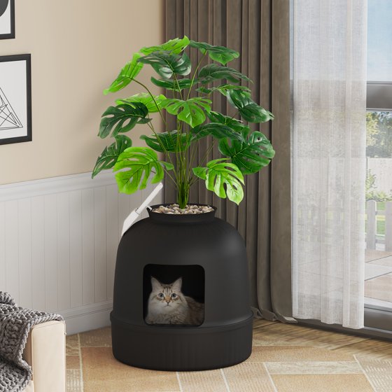 Cat Litter Box with Lid, Corner Cat Litter Box Enclosure, Hidden Cat Litter Box Plant, Black