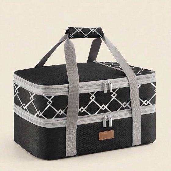 Norcho Insulated Double Decker Casserole Carrier, Expandable Lasagna Tote Bag for Hot or Cold Food, Fits 9" x 13" Baking Dish, Black-Geometric
