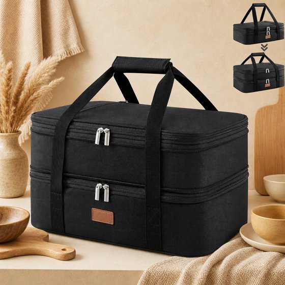 Norcho Insulated Double Decker Casserole Carrier, Expandable Lasagna Tote Bag for Hot or Cold Food, Fits 9" x 13" Baking Dish, Black