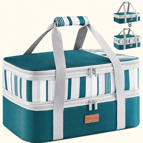 Norcho Insulated Double Decker Casserole Carrier, Expandable Tote for Hot/Cold Food, Fits 9"x13" Dish, Potluck/Picnic, Green