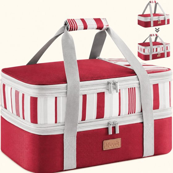 Norcho Insulated Double Decker Casserole Carrier, Expandable Tote for Hot/Cold Food, Fits 9"x13" Dish, Potluck/Picnic, Red
