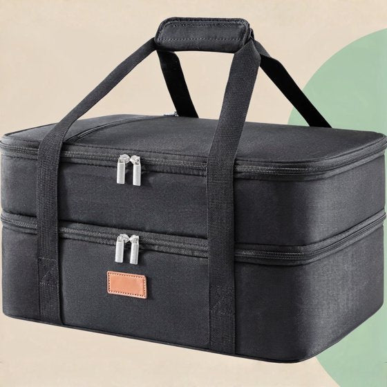 Norcho Insulated Double Decker Casserole Carrier, Lasagna Tote Bag for Hot or Cold Food, Fits 9" x 13" Baking Dish, Black