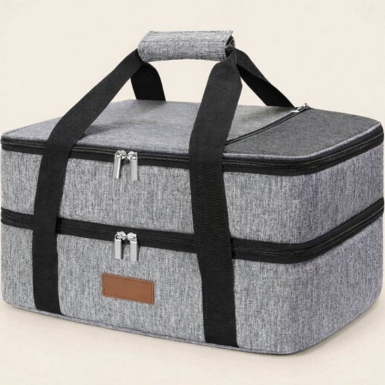 Norcho Insulated Double Decker Casserole Carrier, Lasagna Tote Bag for Hot or Cold Food, Fits 9" x 13" Baking Dish, Gray