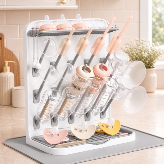 Norcho Large Baby Bottle Drying Rack with Drain Mat & 15 Hooks, Newborn Essentials Countertop Organizer, Rack Dryer for Bottles, Pacifiers & Pump Parts