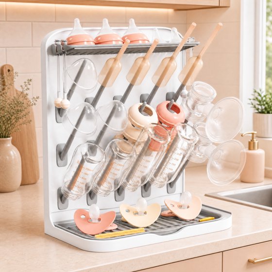Norcho Large Baby Bottle Drying Rack with 15 Hooks, Newborn Essentials Countertop Organizer, Rack Dryer for Bottles, Pacifiers & Pump Parts