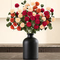 Norcho Mixed Orange Artificial Flower for Vase, 10 Pcs Faux Silk Mum Balls + 2 Eucalyptus Stems, Fake Small Kiku for Floral Arrangement, Pom Pom Centerpiece