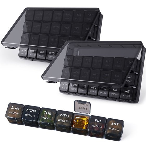 Norcho Monthly Pill Organizer, 28 Day Pill Box with Large Compartments, 4-Week Medicine Organizer for Vitamins & Supplements, 28 Grids, Black, 2 Pack