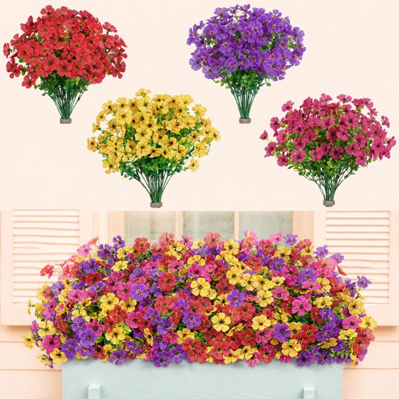 Norcho Outdoor Artificial Flowers, 24 Bundles Plastic Fake Daisy, Faux Plants for Spring/Summer Porch, Window Box, Vase, 4 Color Mix