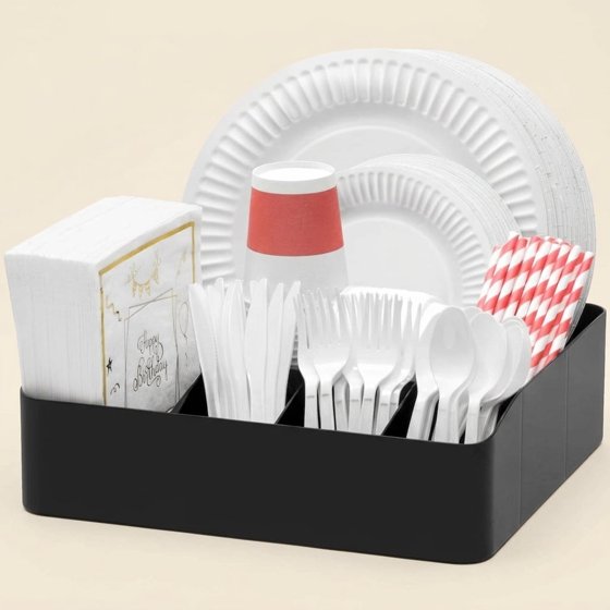 Norcho Paper Plate Organizer and Plastic Silverware Caddy for Kitchen Countertop, 7-Compartment Utensil Holder and Cutlery Dispenser Box
