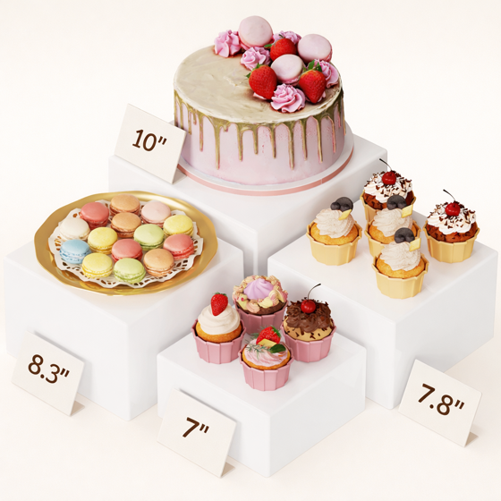 Norcho Plastic Buffet Risers Set of 4, White Food Display Stands for Buffet Table, 7" 7.8" 8.3" 10" Nesting Cube Dessert Cake Holders for Party, Jewelry and Collectibles Display