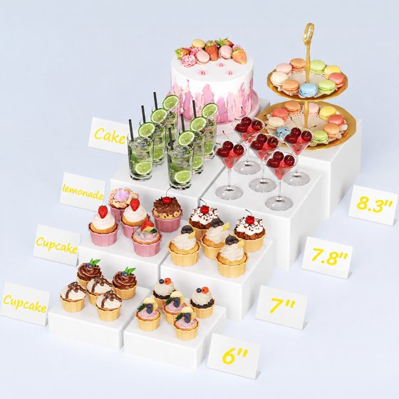 Norcho Plastic Buffet Risers Set of 8, White Food Display Stands for Buffet Table, 6" 7" 7.8" 8.3" Nesting Cube Dessert Cake Holders for Party, Jewelry and Collectibles Display