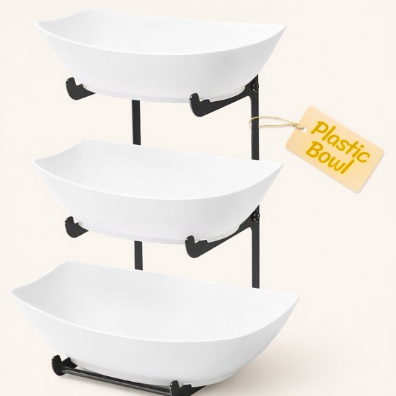 Norcho Plastic Fruit Bowl Basket for Kitchen Countertop, 3-Tier Fruit Holder with Black Metal Stand, Serving Tray for Fruits, Vegetables, Cakes, and Desserts for Parties