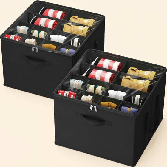 Norcho Shoe Storage Organizer for Closet, Large Fabric Shoe Boxes with Clear Lids, Foldable Bins for Boots, Heels, and Sneakers, Fits 24–32 Pairs (12–16 Pairs Each), 2-Pack, Black