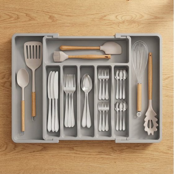 Norcho Silverware Drawer Organizer, Expandable Utensil Tray for Kitchen, Cutlery and Flatware Holder, Adjustable Storage for Spoons, Forks and Knives, 13–22 x 15", Gray