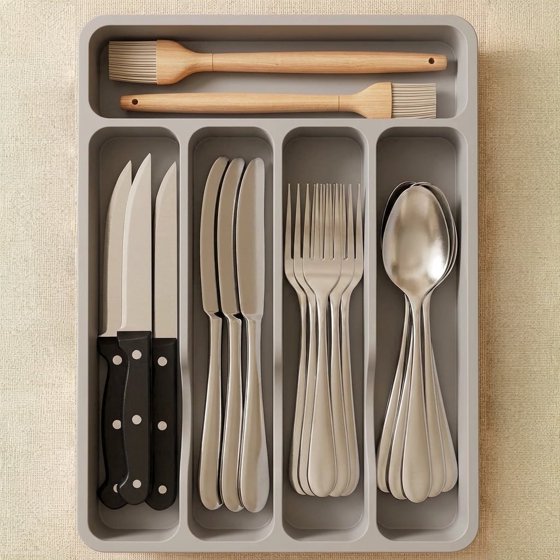 Norcho Silverware Drawer Organizer Tray, Plastic Cutlery and Utensil Holder Divider for Spoons, Forks, Knives and Tableware, 5 Slots, 9.1 x 12.6 Inch, Gray