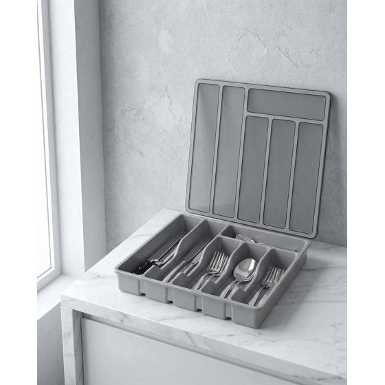 Norcho Silverware Organizer with Lid, Covered Utensil Tray for Kitchen Drawer and Countertop, 12.6 x 11.8", Plastic Cutlery and Flatware Holder, Gray