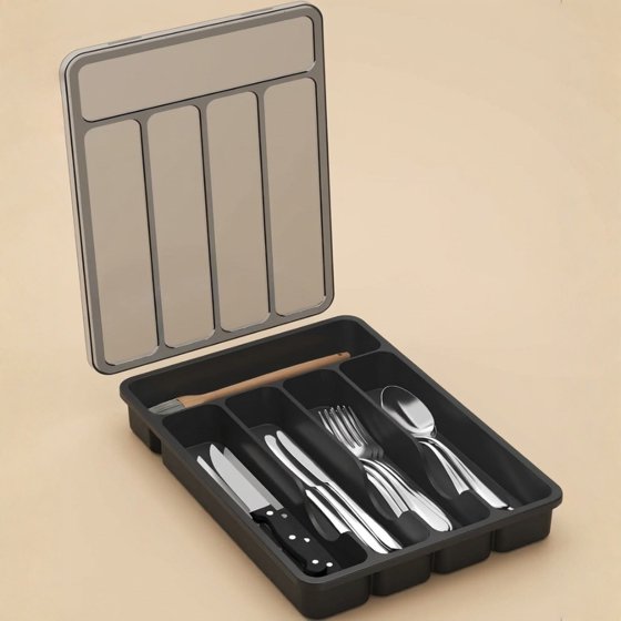 Norcho Silverware Organizer with Lid, Covered Utensil Tray for Kitchen Drawer and Countertop, Plastic Cutlery and Flatware Holder, Black