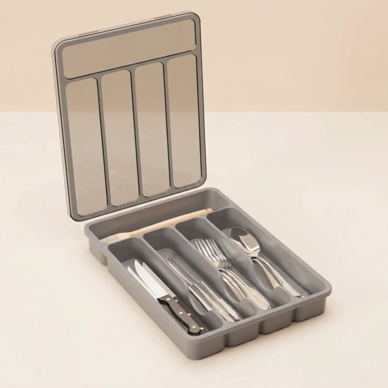 Norcho Silverware Organizer with Lid, Covered Utensil Tray for Kitchen Drawer and Countertop, Plastic Cutlery and Flatware Holder, Gray