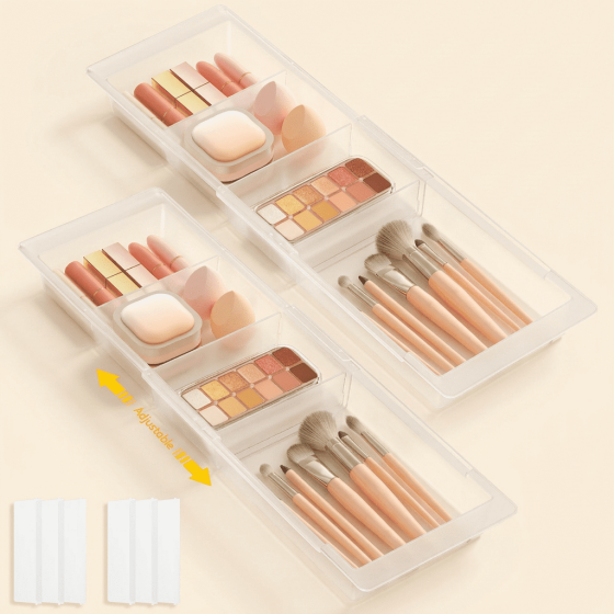 Norcho Sliding Makeup Drawer Organizer, Fits 13-20" Deep, Extendable Hanging Divider 1.8" High Tray Vanity Office Kitchen Translucent 2Pcs