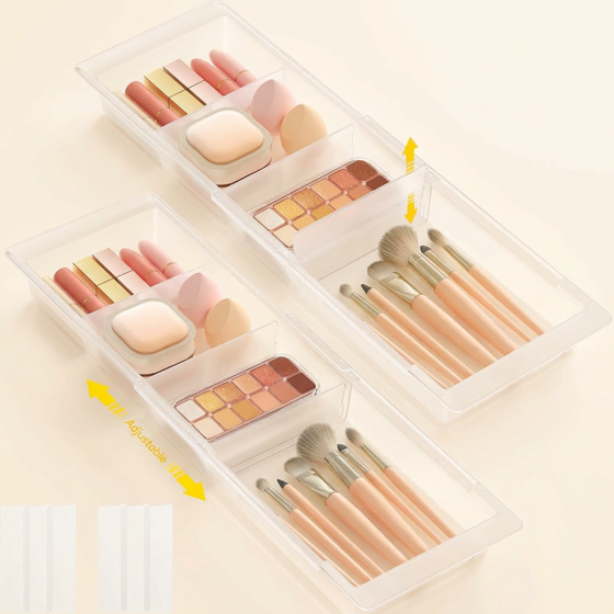 Norcho Sliding Makeup Drawer Organizer, Fits 13-20" Deep, Extendable Hanging Divider 1.8" High Tray Vanity Office Kitchen Translucent 2Pcs
