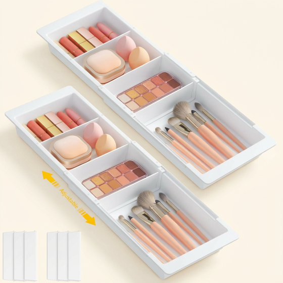 Norcho Sliding Makeup Drawer Organizer, Fits 13-20" Deep, Extendable Hanging Divider 1.8" High Tray Vanity Office Kitchen White 2Pcs