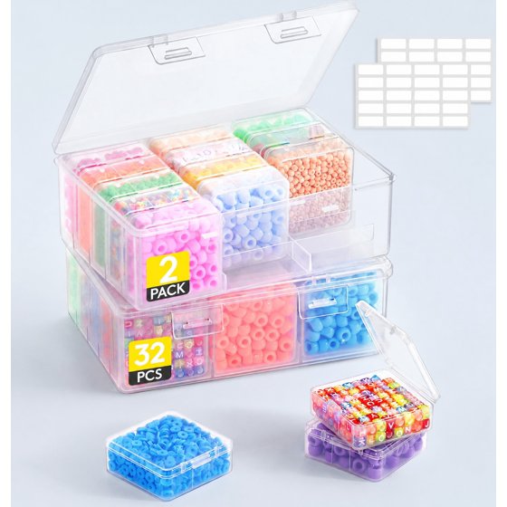 Norcho Small Bead Organizer 2-Case, Clear Plastic Craft Storage Boxes with Hinged Lids, Anti-Tipping Divided Base and Labels for Jewelry, Beads, Diamonds, Seeds and Screws Storage