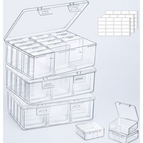 Norcho Small Bead Organizer 3-Case, Clear Plastic Craft Storage Boxes with Hinged Lids, Anti-Tipping Divided Base and Labels for Jewelry, Beads, Diamonds, Seeds and Screws Storage