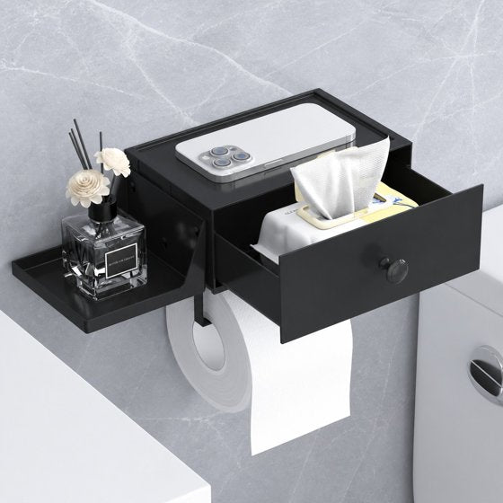 Norcho Toilet Paper Holder with Shelf and Drawer, Wall Mounted Tissue Roll Storage with Adhesive or Screw Installation, Dustproof Bathroom Wipes Dispenser Organizer