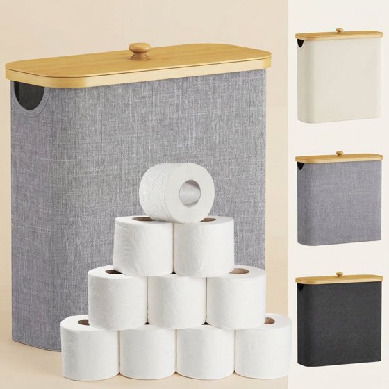 Norcho Collapsible Fabric Toilet Paper Storage Holder for 12–16 Rolls, Freestanding Toilet Paper Basket with Bamboo Lid, , 30L, Light Gray
