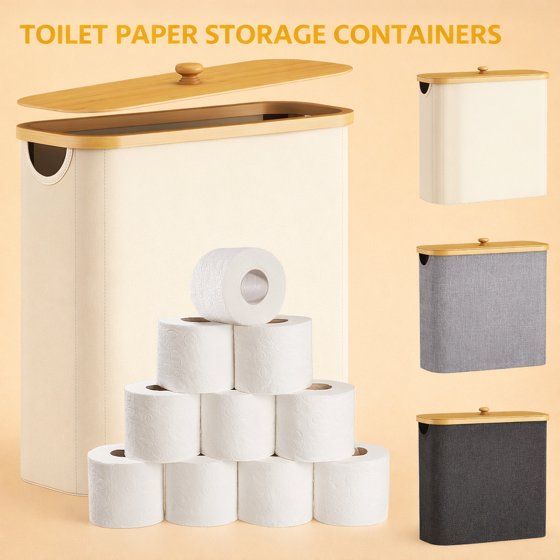 Norcho Toilet Paper Storage Holder for 12–16 Rolls, Freestanding Toilet Paper Basket with Bamboo Lid, Collapsible Fabric Bathroom Organizer for Mega Rolls, 30L, White