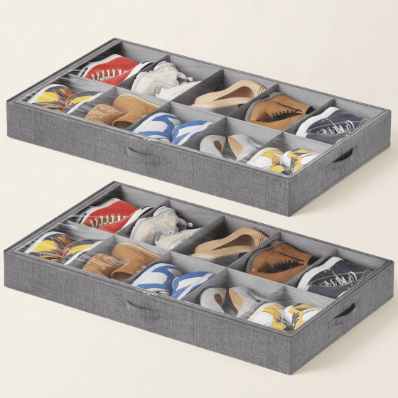 Norcho Under Bed Shoe Organizer Holds 10 Pairs, 4.3" Tall Sturdy Foldable Sneaker Storage Boxes for Boots Heels, 2 Pack