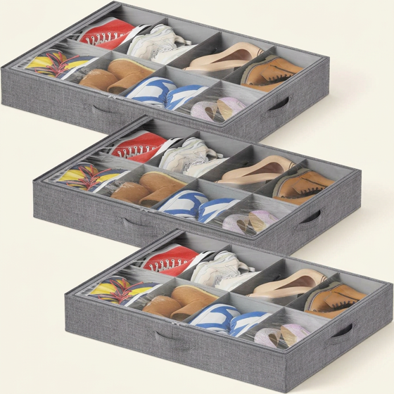 Norcho Under Bed Shoe Organizer Holds 8 Pairs, 4.3" Tall Sturdy Foldable Sneaker Storage Boxes for Boots Heels, 3 Pack