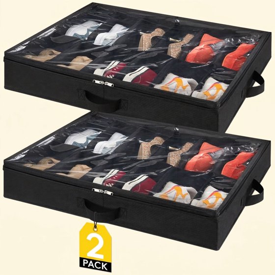 Norcho Under Bed Shoe Organizer Set of 2, 4.3" Tall Fabric Container with Clear Cover Fits 24 Pairs, Black