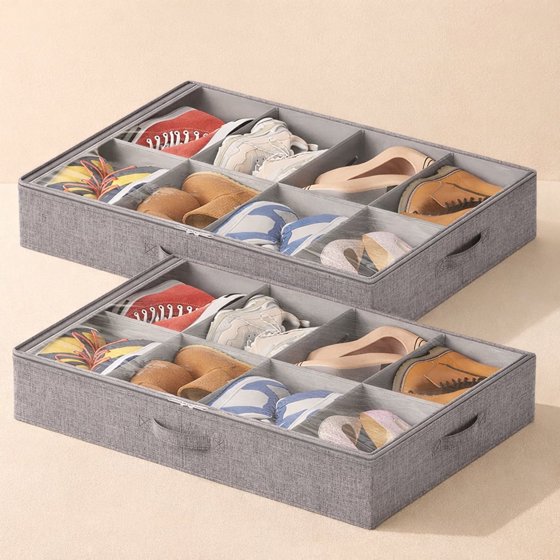 Norcho Under Bed Shoe Organizer Holds 8 Pairs, 4.3" Tall Sturdy Foldable Sneaker Storage Boxes for Boots Heels, 2 Pack