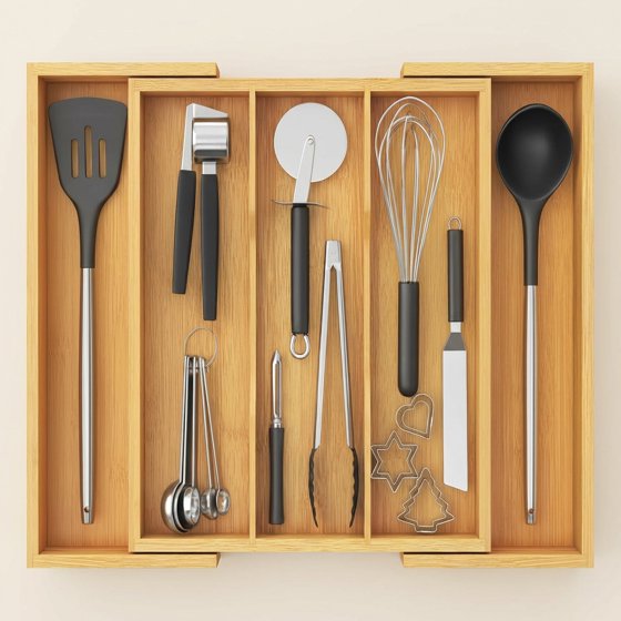 Norcho Utensil Organizer for Kitchen Drawer, Expandable Bamboo Cutlery and Flatware Tray, Adjustable Cooking Utensil and Spatula Holder, 13–22 × 15 Inches