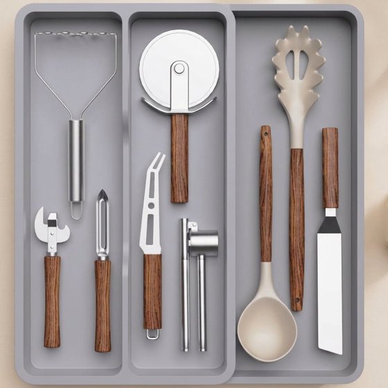 Norcho Utensil Organizer for Kitchen Drawer, Expandable Cooking Silverware Tray, Adjustable Plastic Cutlery and Flatware Holder, Spatula and Tool Storage Divider, 14.4 × 15.8 Inches, Gray