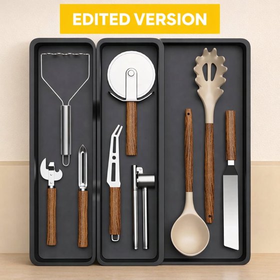 Norcho Utensil Organizer for Kitchen Drawer, Expandable Cooking Silverware Tray, Adjustable Plastic Cutlery and Flatware Holder, Spatula and Tool Storage Divider, 14.4 × 15.8 Inches, Black