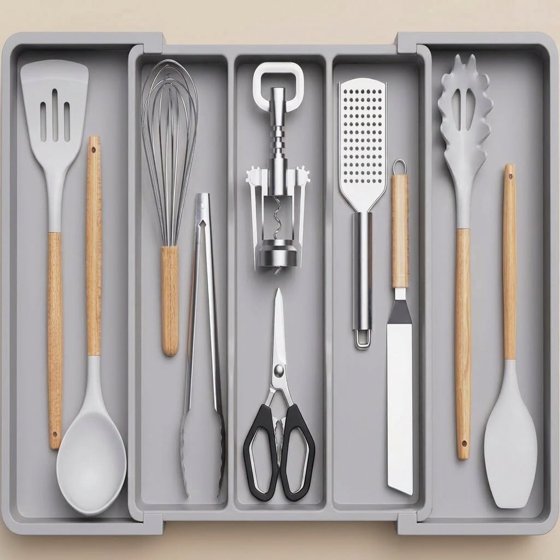 Norcho Utensil Organizer for Kitchen Drawers, Expandable Cooking Utensil Tray, Adjustable Cutlery and Silverware Holder, 13–22 x 15", Gray