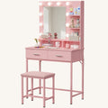 Norcho Vanity Desk Set with Mirror and Lights, Makeup Dressing Table with 2 Drawers & Chair, 3 Lighting Modes Adjustable Brightness, Wooden Top & Iron Frame for Bedroom, Pink