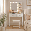 Norcho Vanity Desk Set with Mirror and Lights, Makeup Dressing Table with 2 Drawers & Chair, 3 Lighting Modes Adjustable Brightness, Wooden Top & Iron Frame for Bedroom, White