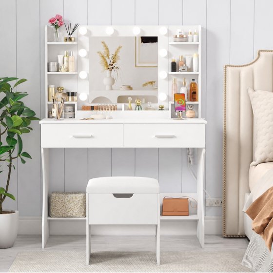 Norcho Vanity with Mirror and Bulbs Lights, Adjustable Color & Brightness, 2 Power Outlets & 2 USB Ports, White Makeup Desk with Storage Stool, 8 Open Shelves, 2 Drawers & Bottom Shelf