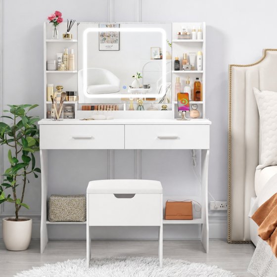 Norcho Vanity with Mirror and LED, Adjustable Color & Brightness, 2 Power Outlets & 2 USB Ports, White Makeup Desk with Storage Stool, 8 Open Shelves, 2 Drawers & Bottom Shelf