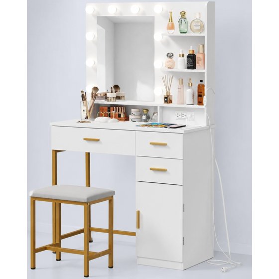 Norcho Vanity with Mirror and Light, 2 Power Outlets & 2 USB Ports, Adjustable Color & Brightness, Makeup Desk with 4 Drawers and Stool for Bedroom, Bathroom & Makeup Room