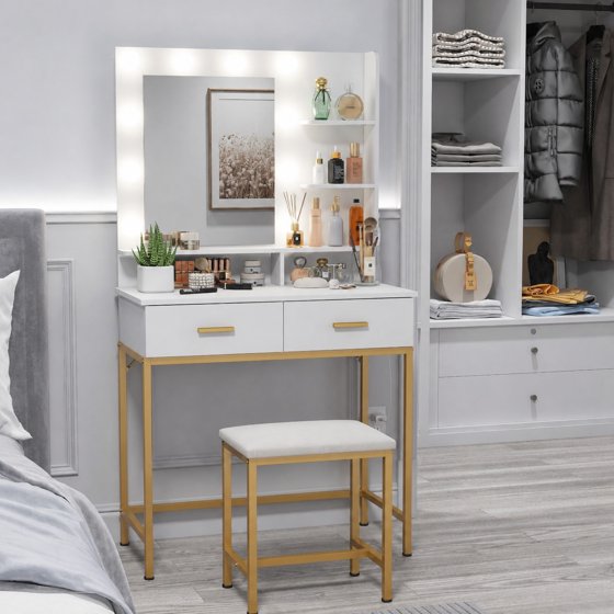 Norcho Vanity with Mirror and Lights, Adjustable Color & Brightness, White Makeup Desk with 2 Drawers and Stool for Bedroom, Bathroom & Makeup Room